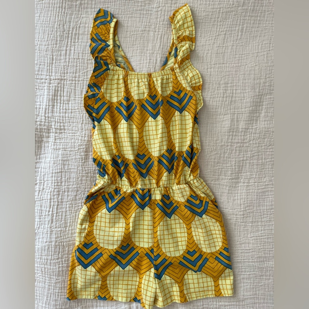 Tea Collection Girls Romper Size 10 Yellow Blue Print Flutter Sleeve Cotton